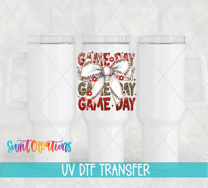 Game Day Baseball Croquette UV DTF transfer applied to a white tumbler set from Swiit Creations