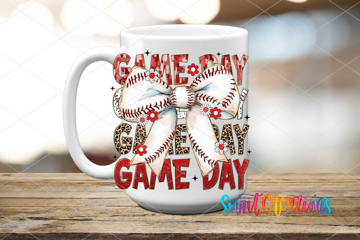Game Day Baseball Croquette UV DTF transfer displayed on a white ceramic mug from Swiit Creations