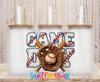 Game Day Baseball Sports UV DTF transfer applied to a clear glass can set from Swiit Creations