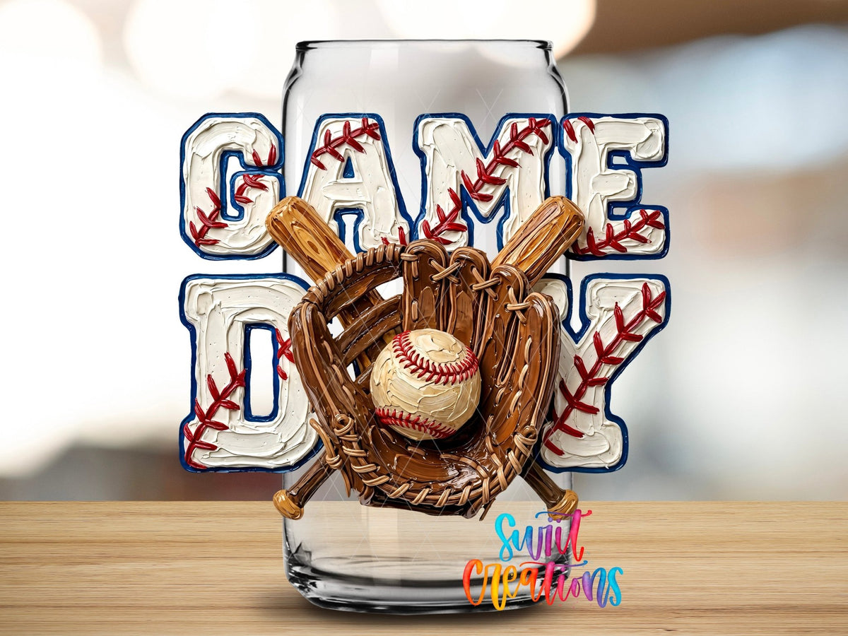 Game Day Baseball Sports UV DTF transfer applied to a clear glass can from Swiit Creations