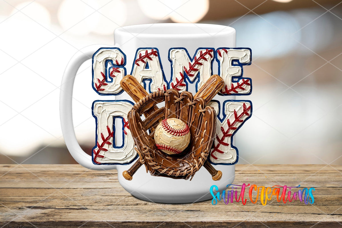 Game Day Baseball Sports UV DTF transfer displayed on a white ceramic mug from Swiit Creations