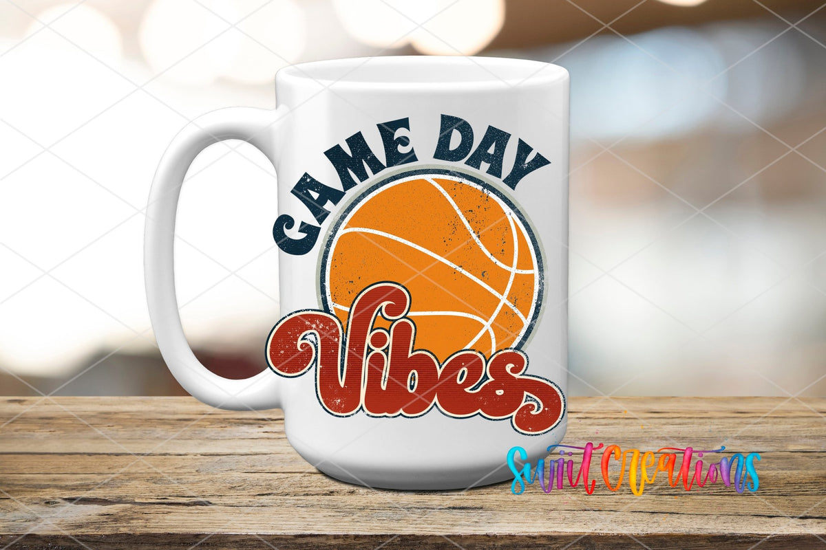 White ceramic mug mockup with the Swiit Creations Game Day Vibes Basketball UV DTF transfer