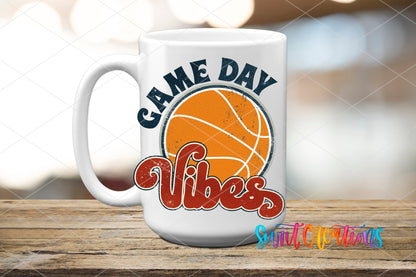 White ceramic mug mockup with the Swiit Creations Game Day Vibes Basketball UV DTF transfer