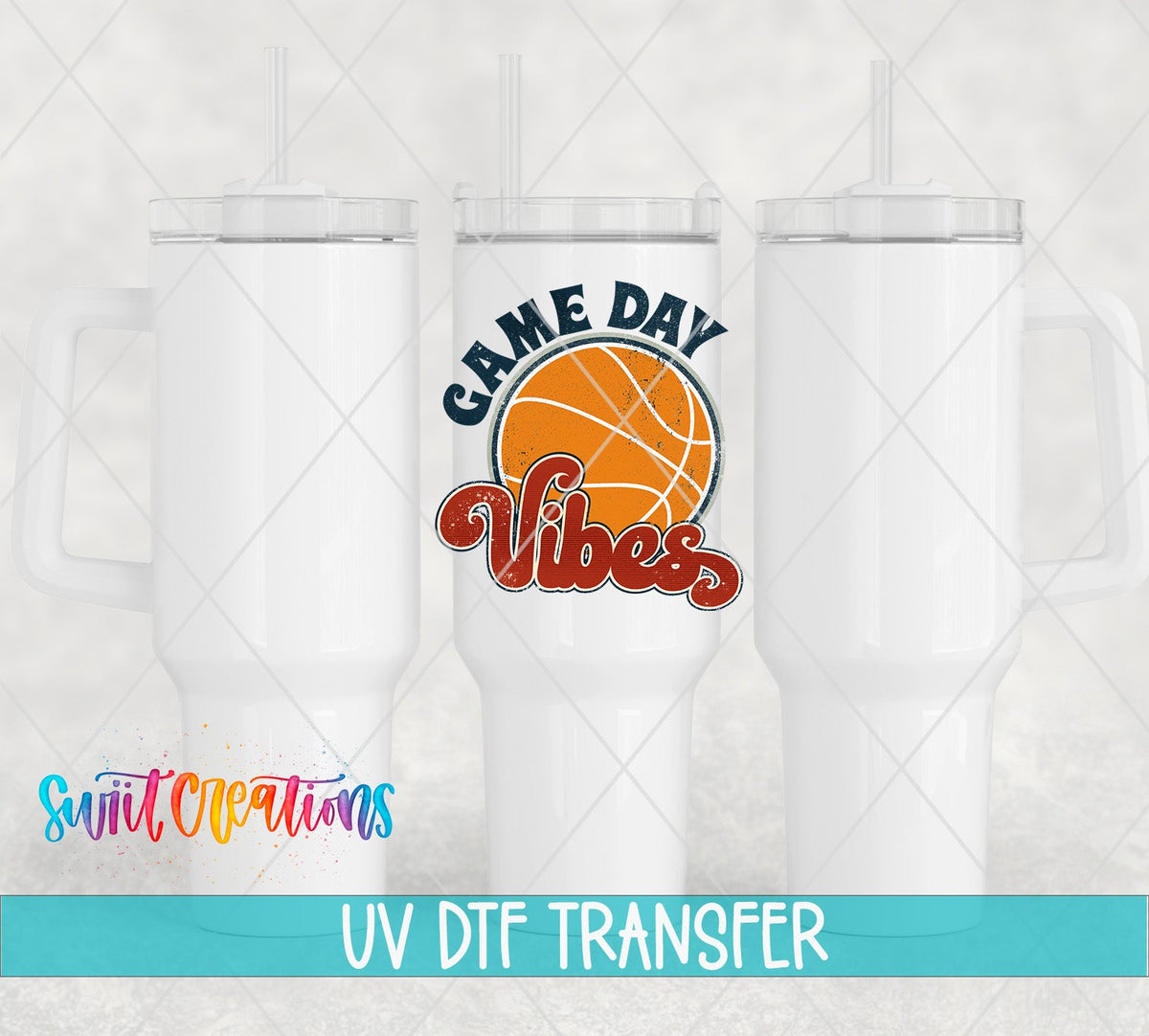 Three white tumblers featuring the Game Day Vibes Basketball UV DTF transfer by Swiit Creations