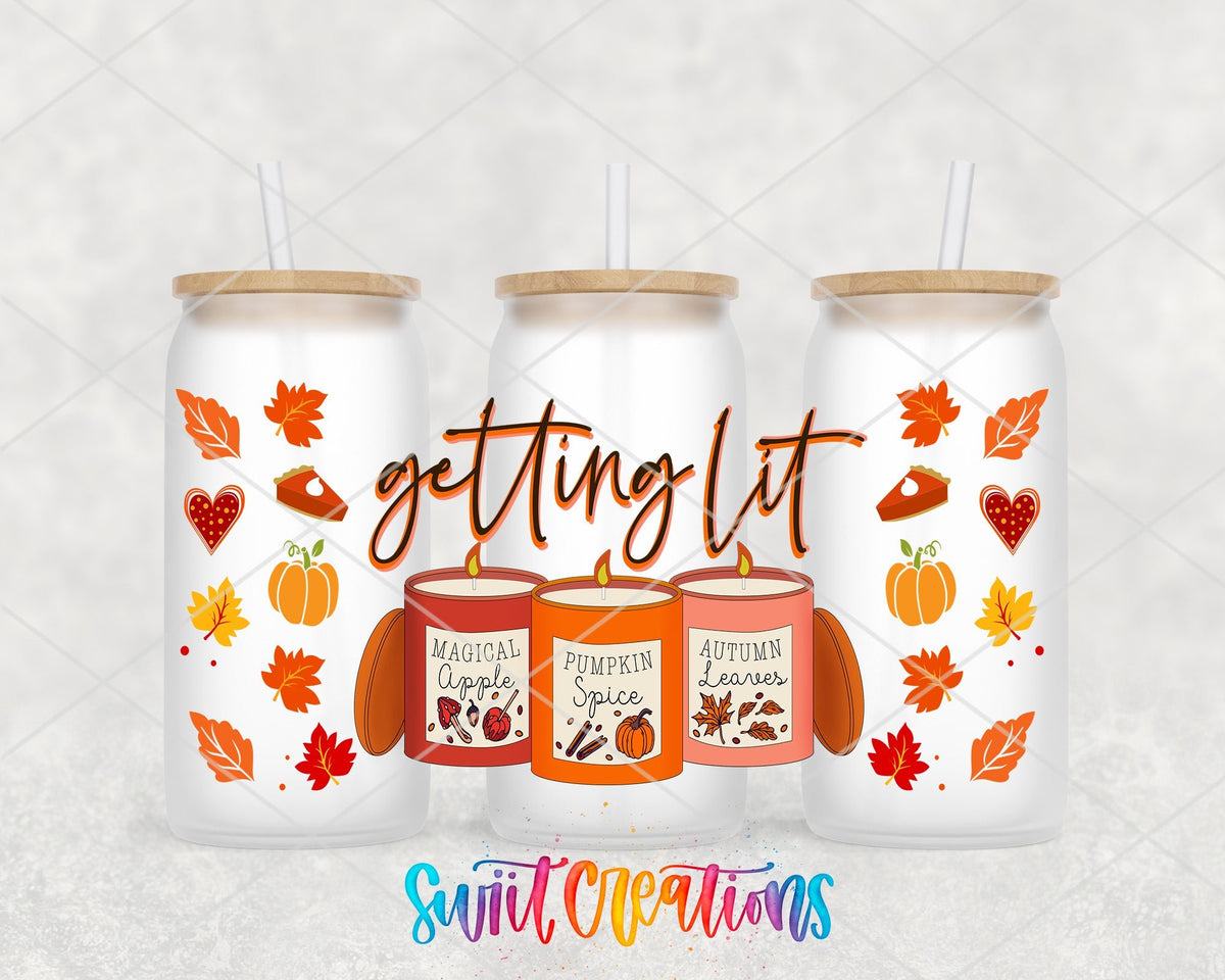 Getting Lit UV DTF Transfer Tumbler Wrap | Fall Candle Pumpkin Spice Cup Decal | DTF151 - Swiit Creations