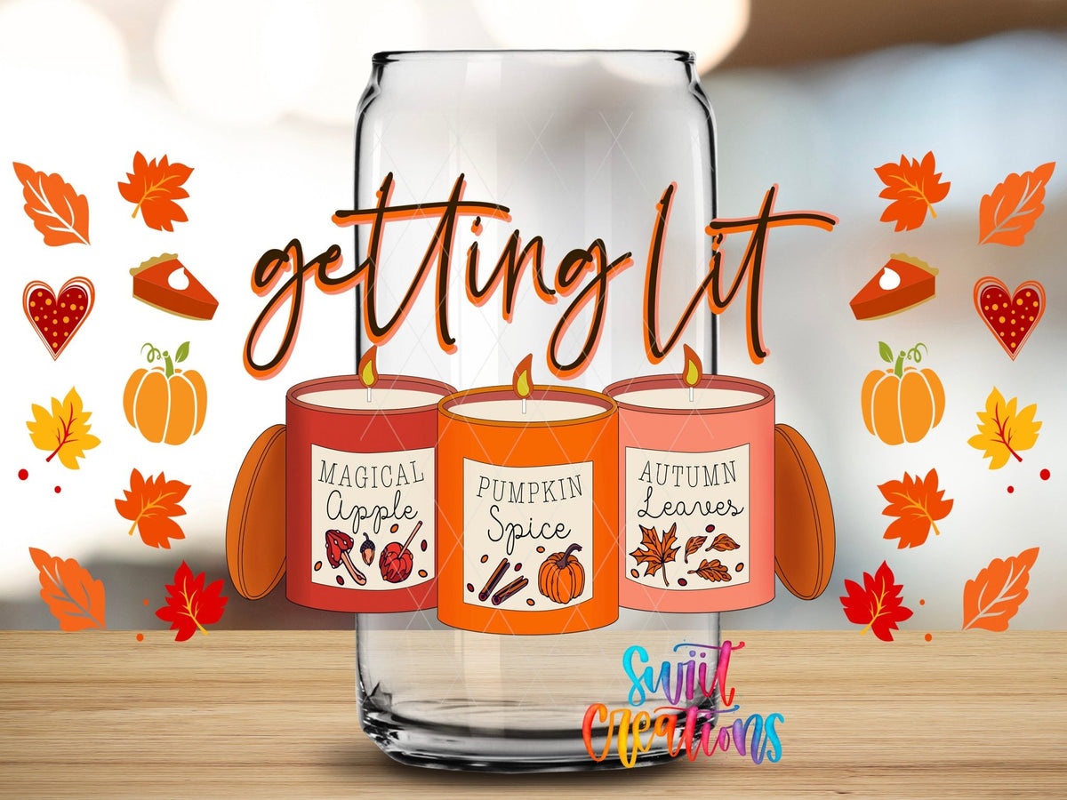Getting Lit UV DTF Transfer Tumbler Wrap | Fall Candle Pumpkin Spice Cup Decal | DTF151 - Swiit Creations