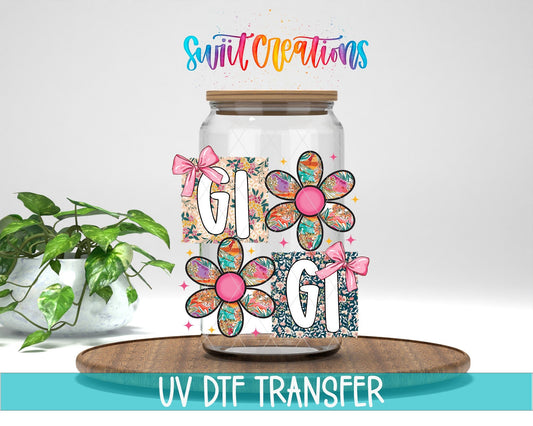Gigi Floral Patchwork Daisy UV DTF transfer displayed on a clear jar mockup from Swiit Creations