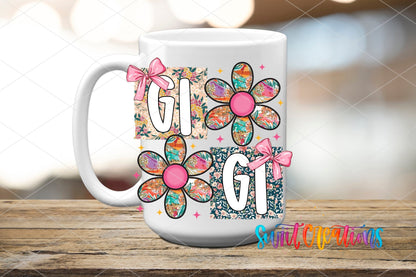Gigi Floral Patchwork Daisy UV DTF transfer displayed on a white ceramic mug from Swiit Creations