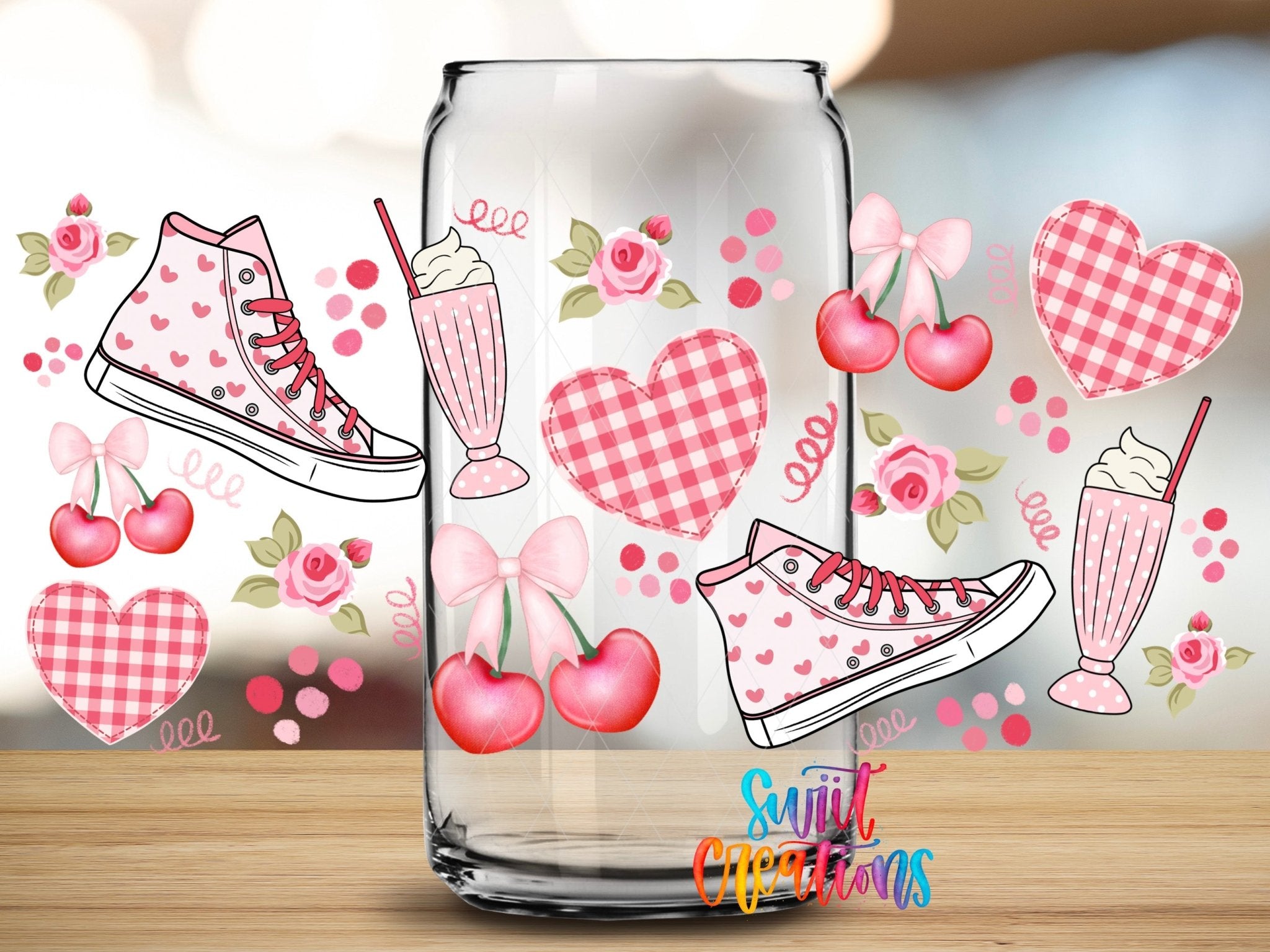 Gingham And Cherries UV DTF Transfer Tumbler Wrap | Pink Sneaker Heart Milkshake Cup Decal | DTF258 - Swiit Creations