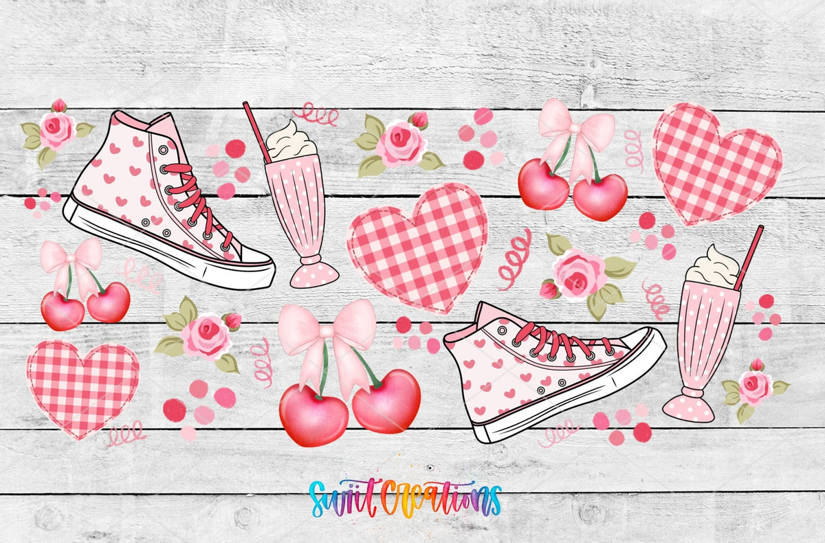 Gingham And Cherries UV DTF Transfer Tumbler Wrap | Pink Sneaker Heart Milkshake Cup Decal | DTF258 - Swiit Creations