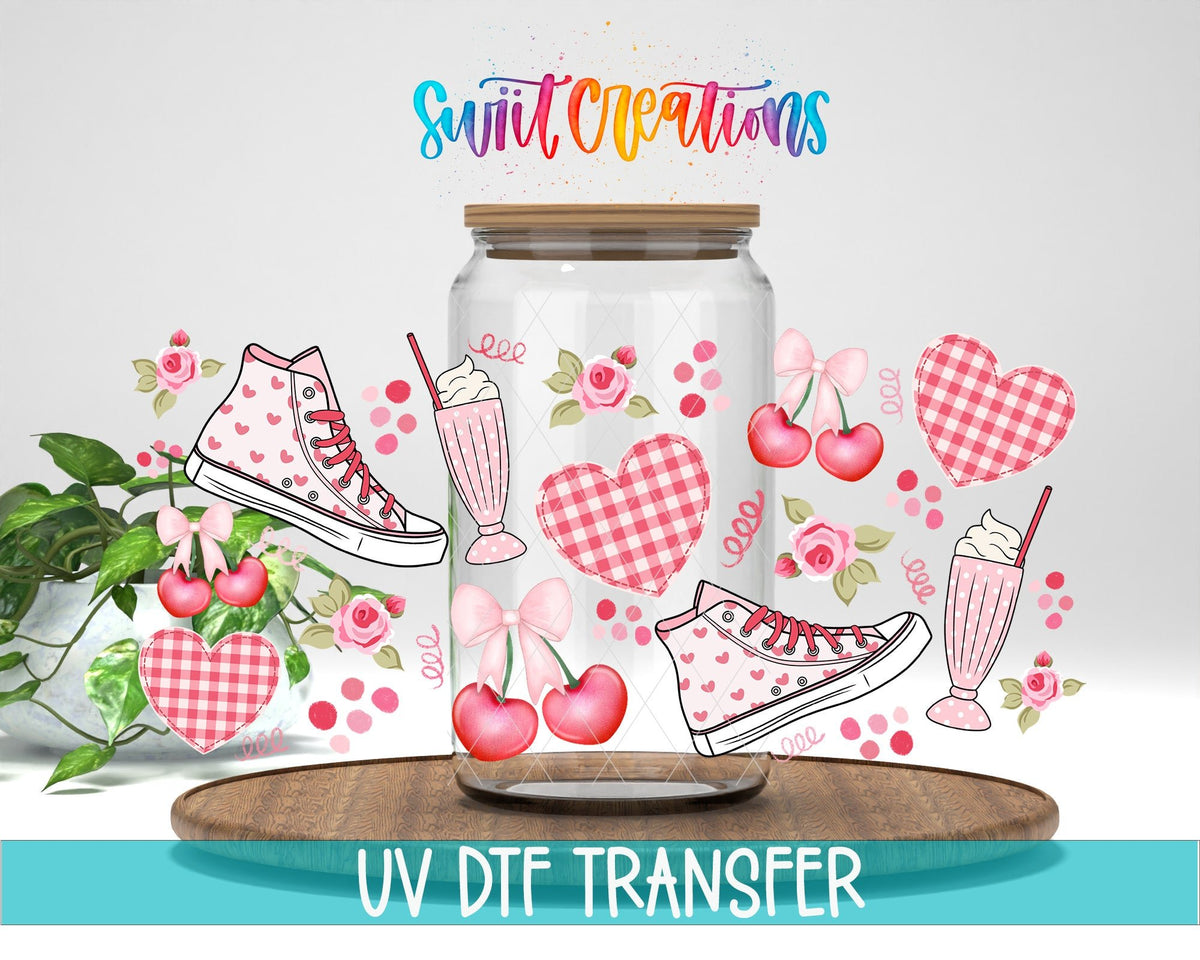 Gingham And Cherries UV DTF Transfer Tumbler Wrap | Pink Sneaker Heart Milkshake Cup Decal | DTF258 - Swiit Creations