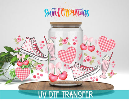 Gingham And Cherries UV DTF Transfer Tumbler Wrap | Pink Sneaker Heart Milkshake Cup Decal | DTF258 - Swiit Creations
