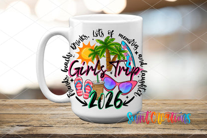 Girls Trip 2026 UV DTF transfer displayed on a white ceramic mug from Swiit Creations