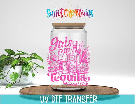 Girls Trip Pink Tequila Social Club UV DTF transfer displayed on a clear jar mockup from Swiit Creations