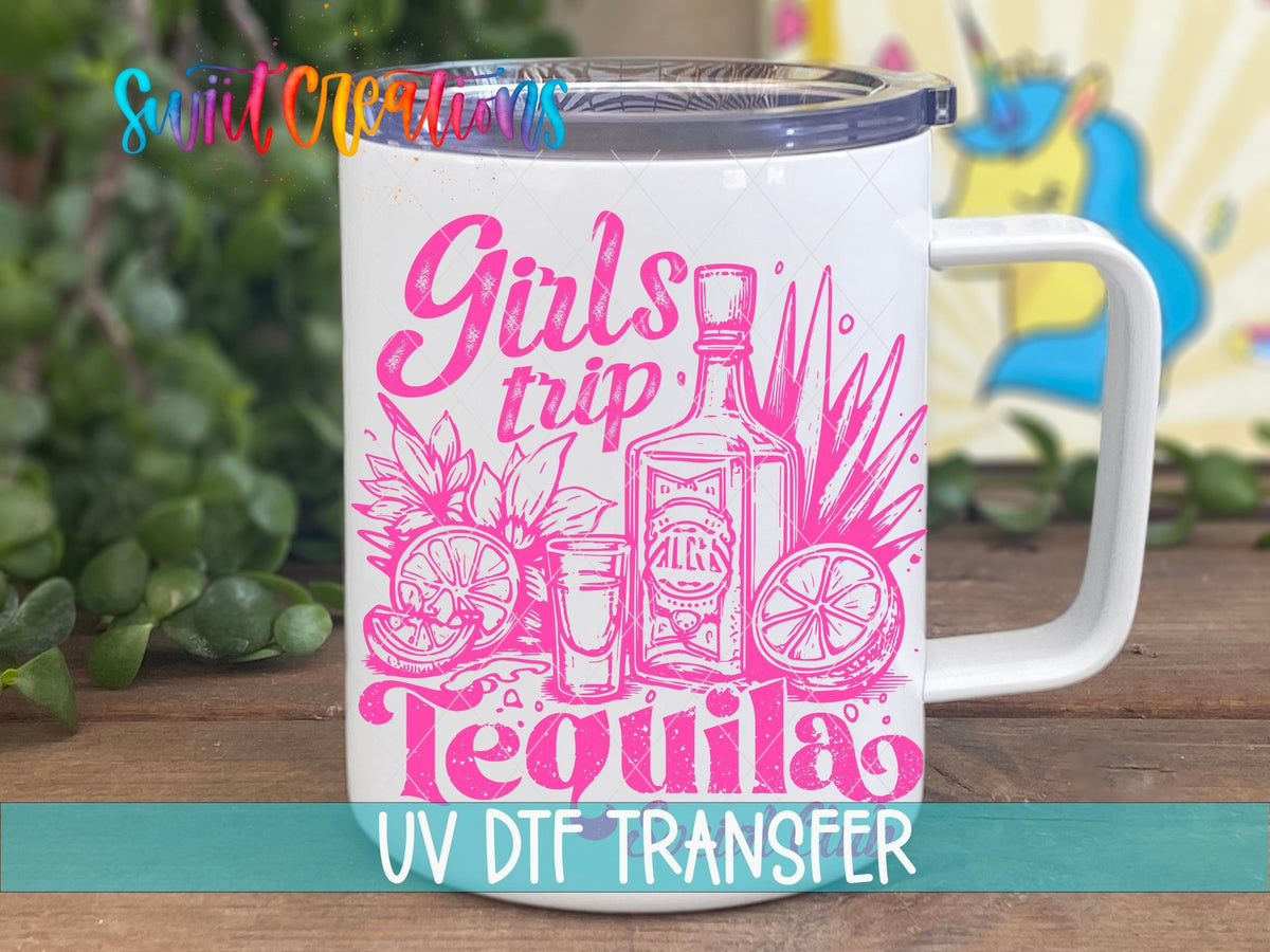 Girls Trip Pink Tequila Social Club UV DTF transfer displayed on a white coffee mug from Swiit Creations