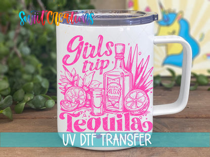 Girls Trip Pink Tequila Social Club UV DTF transfer displayed on a white coffee mug from Swiit Creations