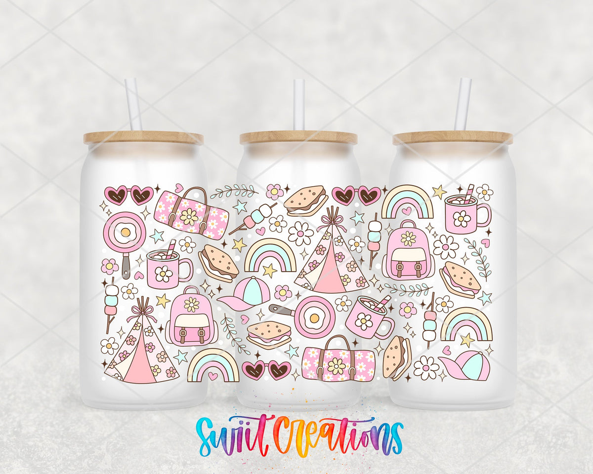 Girly Camping UV DTF Transfer Tumbler Wrap | Pink Rainbow Tent Backpack Cup Decal | DTF264 - Swiit Creations