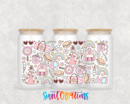 Girly Camping UV DTF Transfer Tumbler Wrap | Pink Rainbow Tent Backpack Cup Decal | DTF264 - Swiit Creations