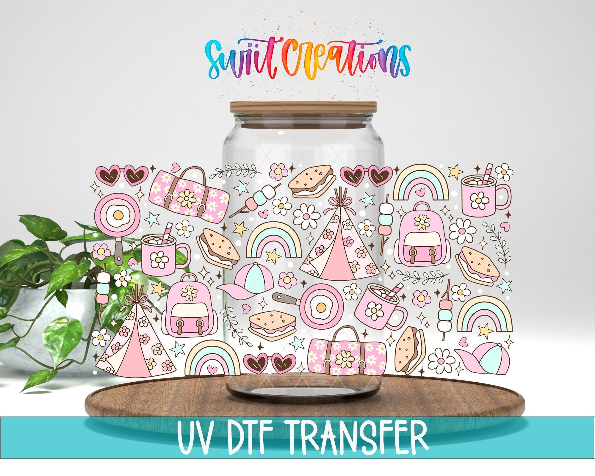 Girly Camping UV DTF Transfer Tumbler Wrap | Pink Rainbow Tent Backpack Cup Decal | DTF264 - Swiit Creations