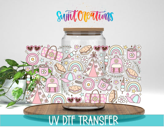 Girly Camping UV DTF Transfer Tumbler Wrap | Pink Rainbow Tent Backpack Cup Decal | DTF264 - Swiit Creations