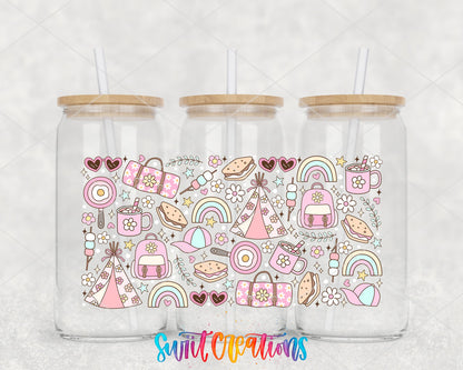 Girly Camping UV DTF Transfer Tumbler Wrap | Pink Rainbow Tent Backpack Cup Decal | DTF264 - Swiit Creations