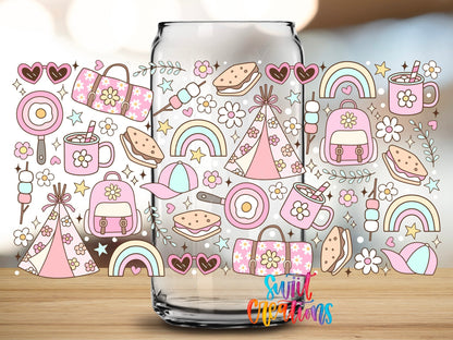 Girly Camping UV DTF Transfer Tumbler Wrap | Pink Rainbow Tent Backpack Cup Decal | DTF264 - Swiit Creations