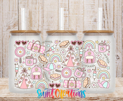 Girly Camping UV DTF Transfer Tumbler Wrap | Pink Rainbow Tent Backpack Cup Decal | DTF264 - Swiit Creations