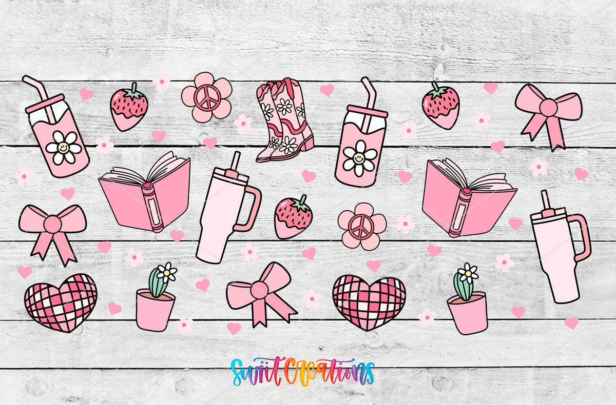 Girly Pink UV DTF Transfer Tumbler Wrap | Bow Boot Book Strawberry Cup Decal | DTF259 - Swiit Creations