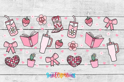 Girly Pink UV DTF Transfer Tumbler Wrap | Bow Boot Book Strawberry Cup Decal | DTF259 - Swiit Creations