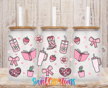 Girly Pink UV DTF Transfer Tumbler Wrap | Bow Boot Book Strawberry Cup Decal | DTF259 - Swiit Creations