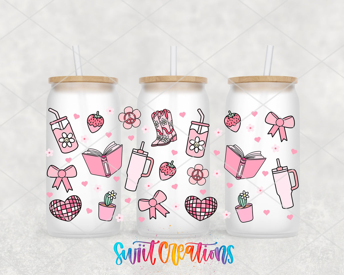Girly Pink UV DTF Transfer Tumbler Wrap | Bow Boot Book Strawberry Cup Decal | DTF259 - Swiit Creations