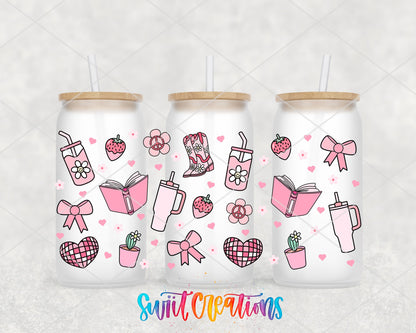 Girly Pink UV DTF Transfer Tumbler Wrap | Bow Boot Book Strawberry Cup Decal | DTF259 - Swiit Creations