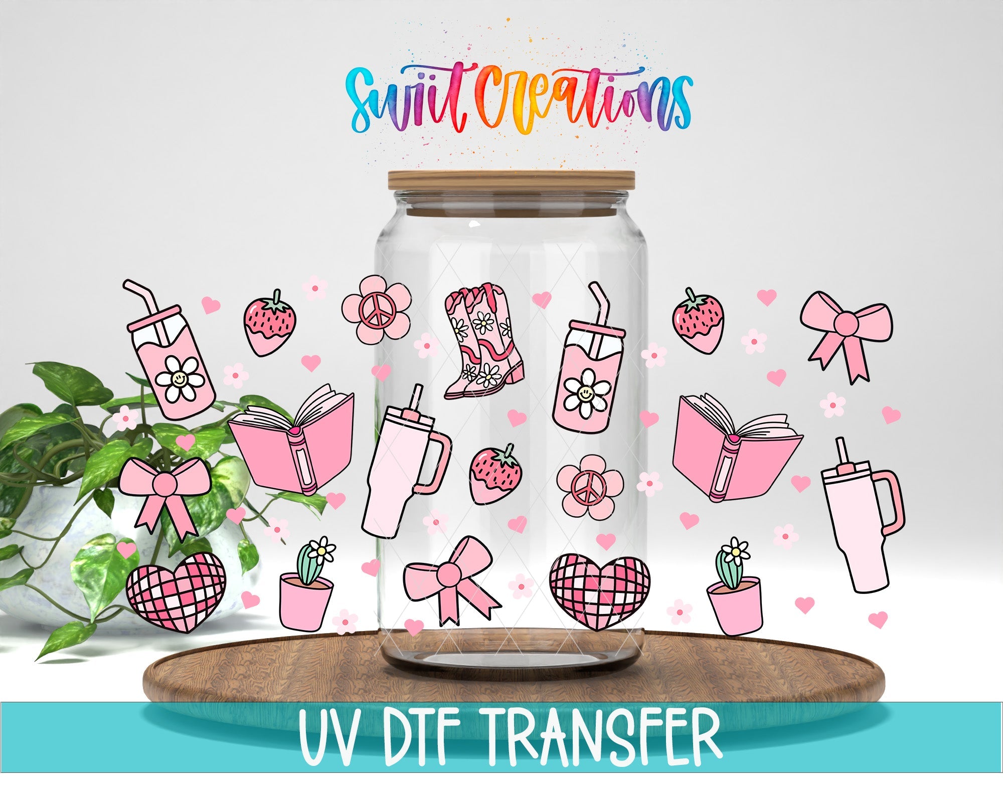 Girly Pink UV DTF Transfer Tumbler Wrap | Bow Boot Book Strawberry Cup Decal | DTF259 - Swiit Creations