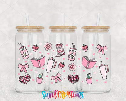 Girly Pink UV DTF Transfer Tumbler Wrap | Bow Boot Book Strawberry Cup Decal | DTF259 - Swiit Creations