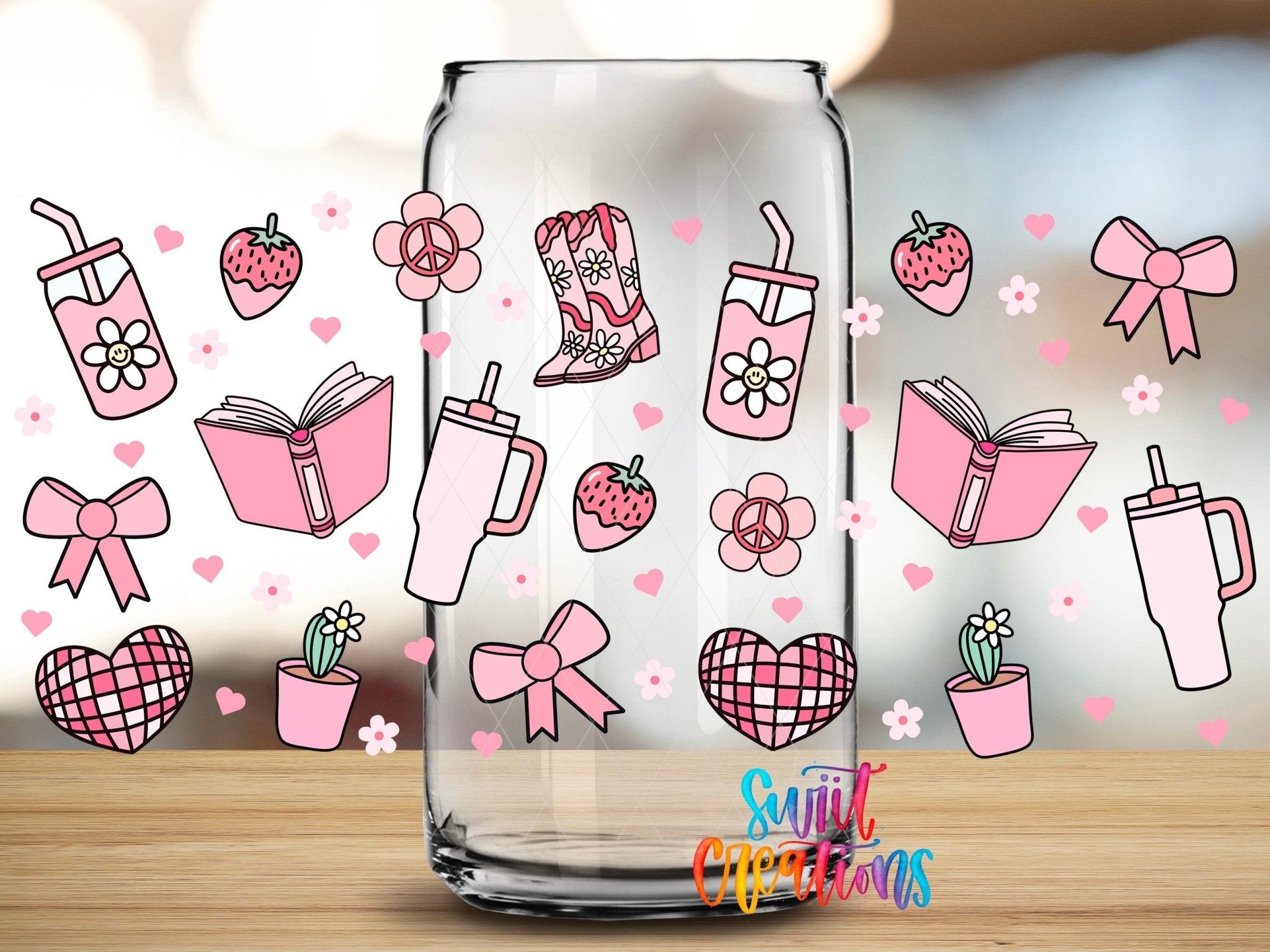 Girly Pink UV DTF Transfer Tumbler Wrap | Bow Boot Book Strawberry Cup Decal | DTF259 - Swiit Creations