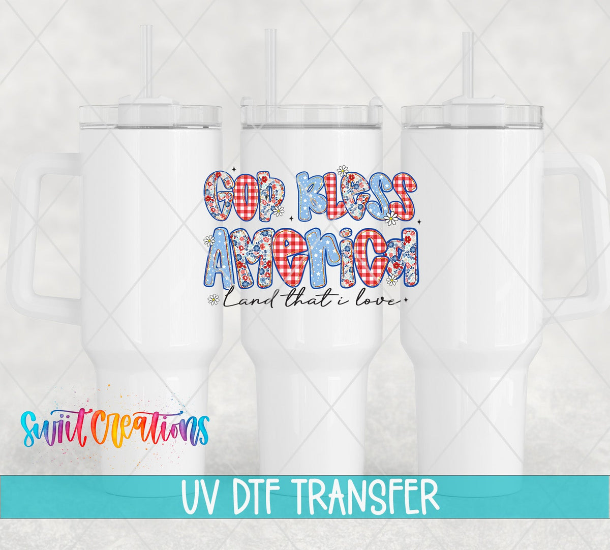 God Bless America UV DTF Decal | Patriotic Floral Patchwork Cup Transfer | UV1491 - Swiit Creations