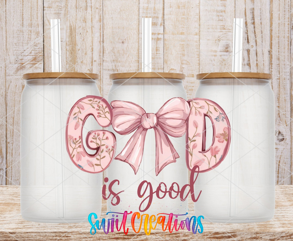 God Is Good Floral Bow UV DTF transfer applied to a clear glass can set from Swiit Creations