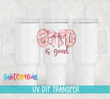 God Is Good Floral Bow UV DTF transfer applied to a white tumbler set from Swiit Creations