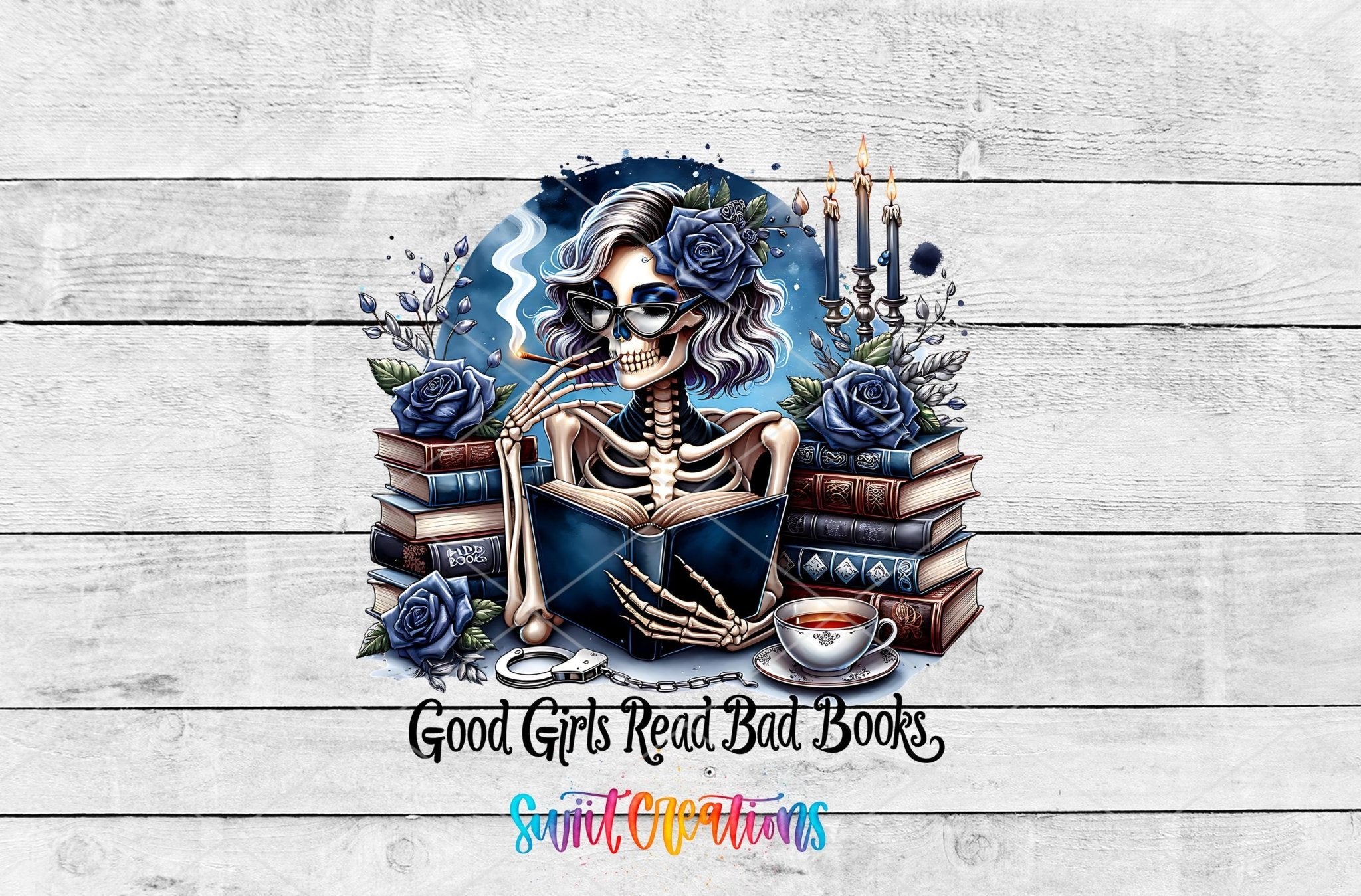 Good Girls Read Bad Books Motel Keychain UV DTF Transfer | Book Lover Skeleton Design | MK1439 - Swiit Creations