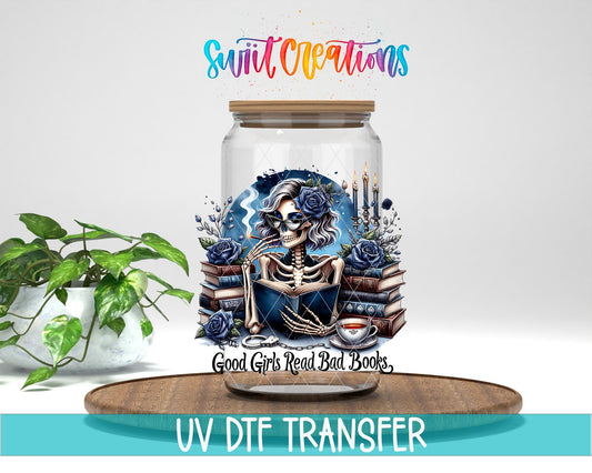 Good Girls Read Bad Books UV DTF transfer displayed on a clear jar mockup from Swiit Creations