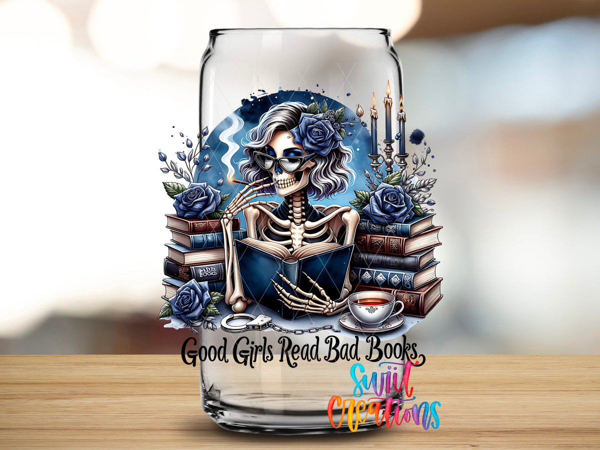 Good Girls Read Bad Books UV DTF transfer applied to a clear glass can from Swiit Creations