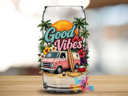 Good Vibes Beach Van Summer UV DTF transfer applied to a clear glass can from Swiit Creations
