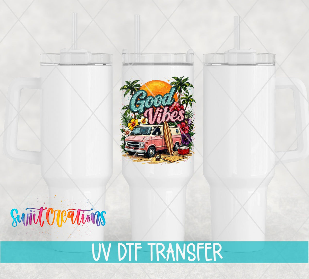 Good Vibes Beach Van Summer UV DTF transfer applied to a white tumbler set from Swiit Creations