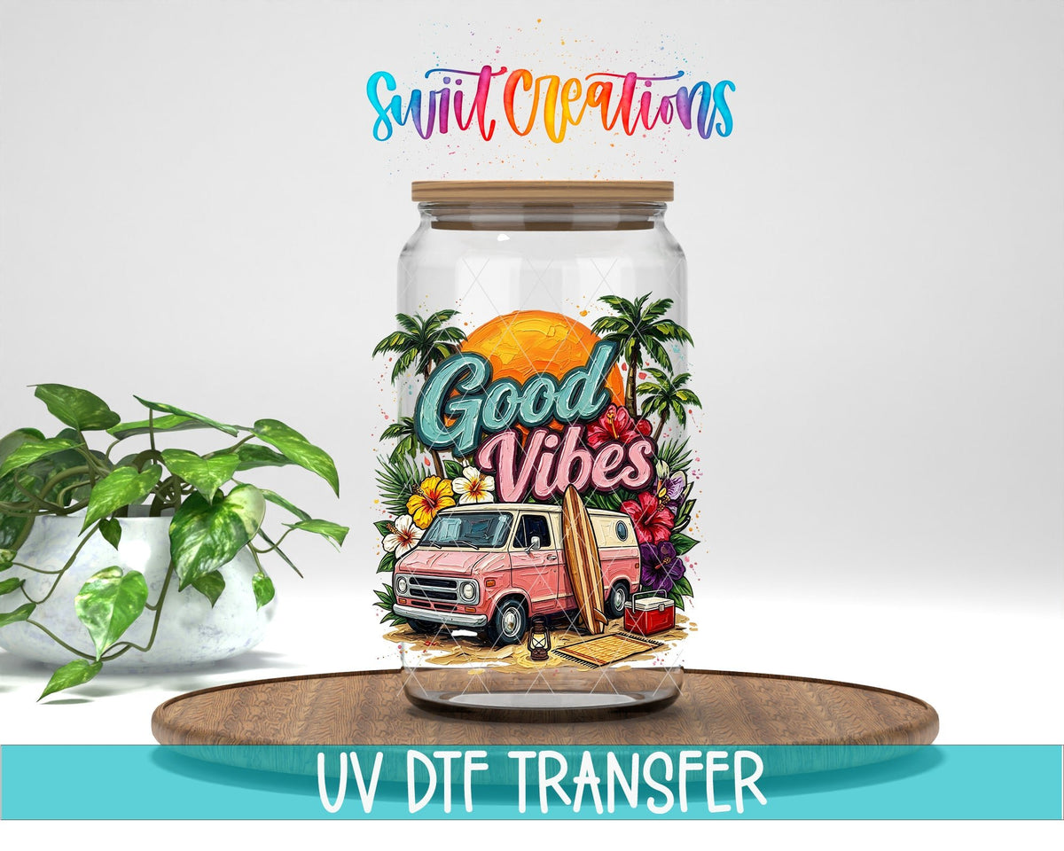 Good Vibes Beach Van Summer UV DTF transfer displayed on a clear jar mockup from Swiit Creations
