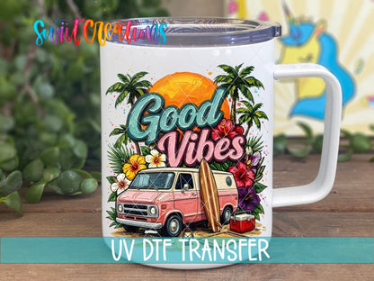 Good Vibes Beach Van Summer UV DTF transfer displayed on a white coffee mug from Swiit Creations