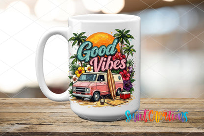 Good Vibes Beach Van Summer UV DTF transfer displayed on a white ceramic mug from Swiit Creations