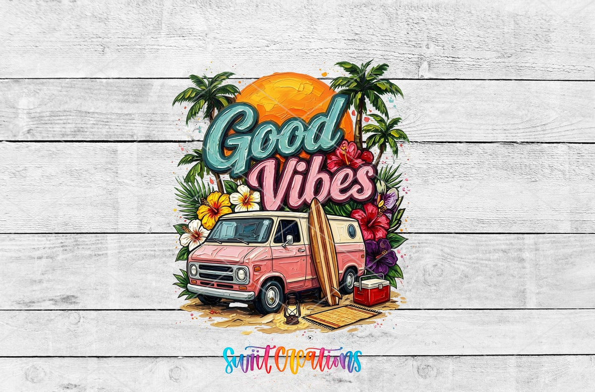 Good Vibes Beach Van Summer UV DTF transfer shown as a full artwork preview from Swiit Creations