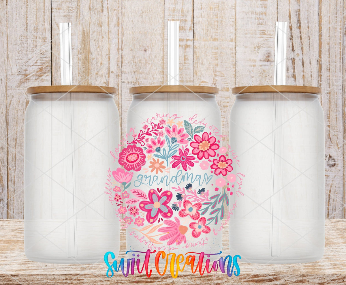 Grandma Floral UV DTF transfer applied to a clear glass can set from Swiit Creations