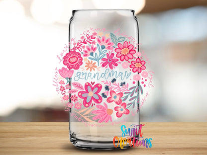 Grandma Floral UV DTF transfer applied to a clear glass can from Swiit Creations