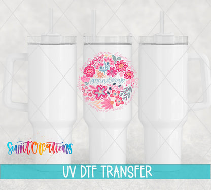 Grandma Floral UV DTF transfer applied to a white tumbler set from Swiit Creations